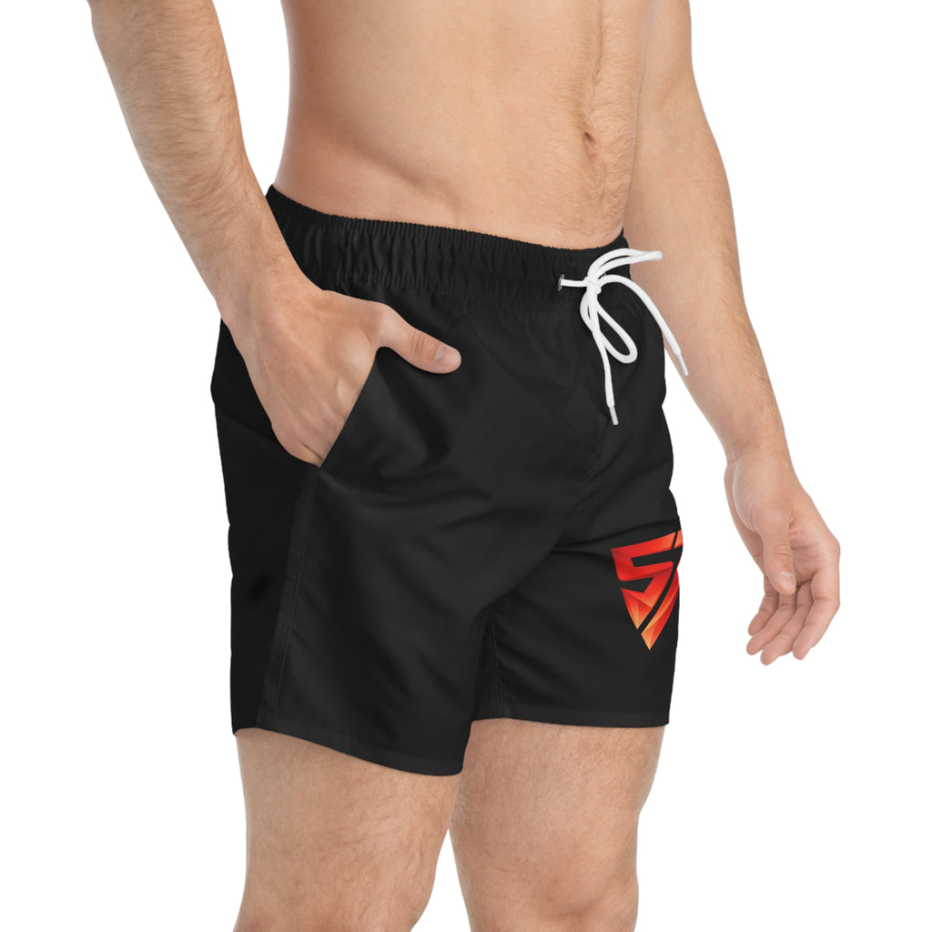 Men's Black Swim Trunks with Red ST Logo — Quick-Dry Beach Shorts