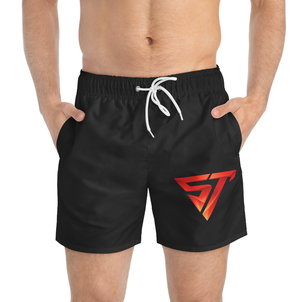 Men's Black Swim Trunks with Red ST Logo — Quick-Dry Beach Shorts