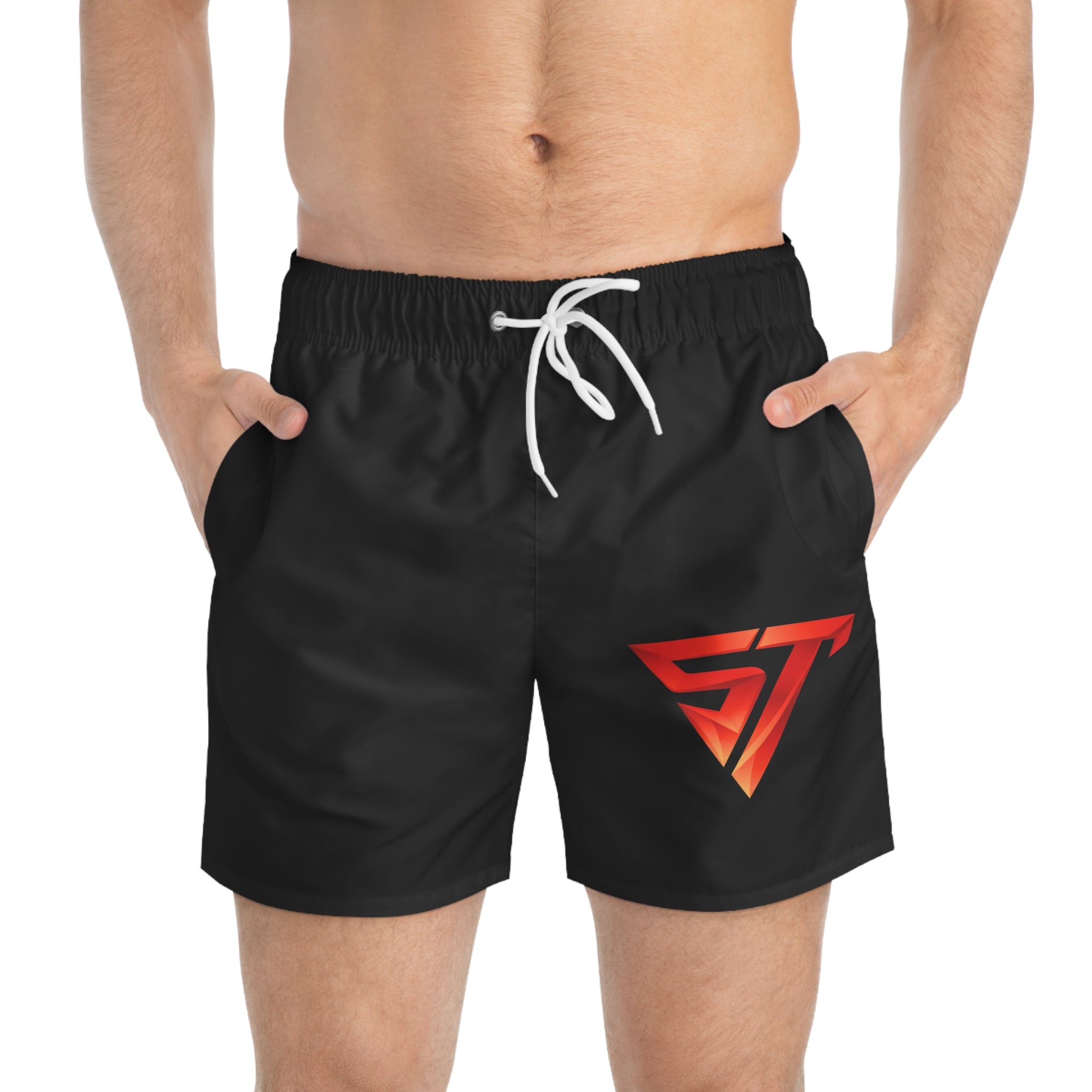 Men's Black Swim Trunks with Red ST Logo — Quick-Dry Beach Shorts