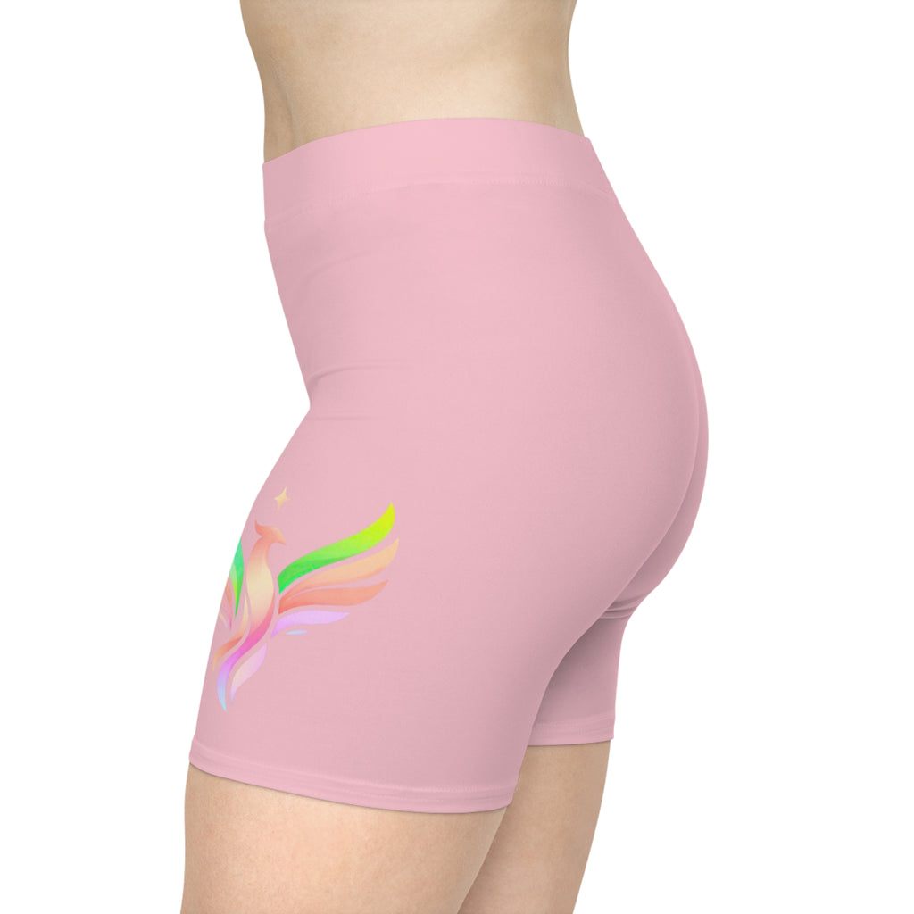 Pastel Phoenix Biker Shorts — Women's Pink Athletic Shorts with Watercolor Phoenix Design