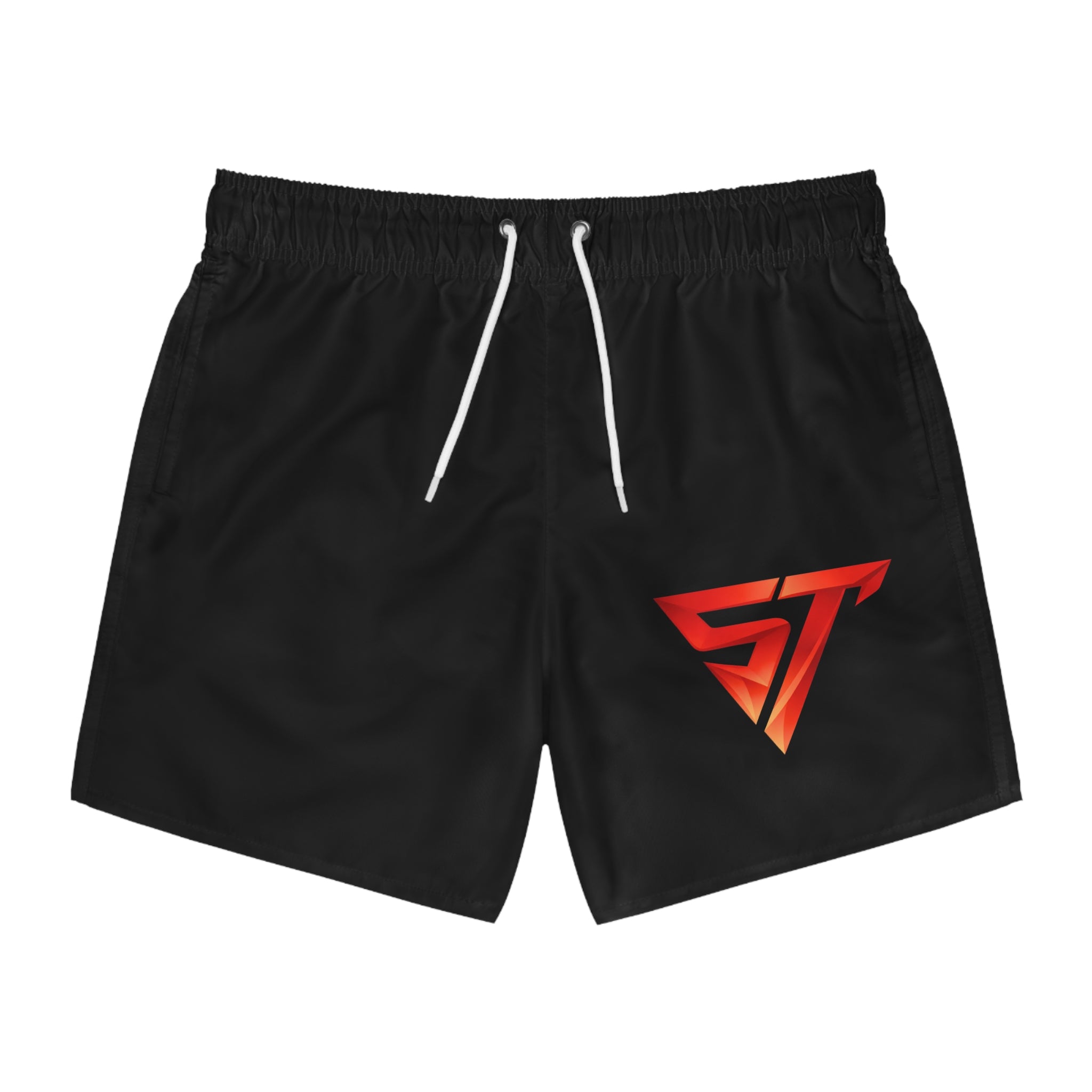 Men's Black Swim Trunks with Red ST Logo — Quick-Dry Beach Shorts