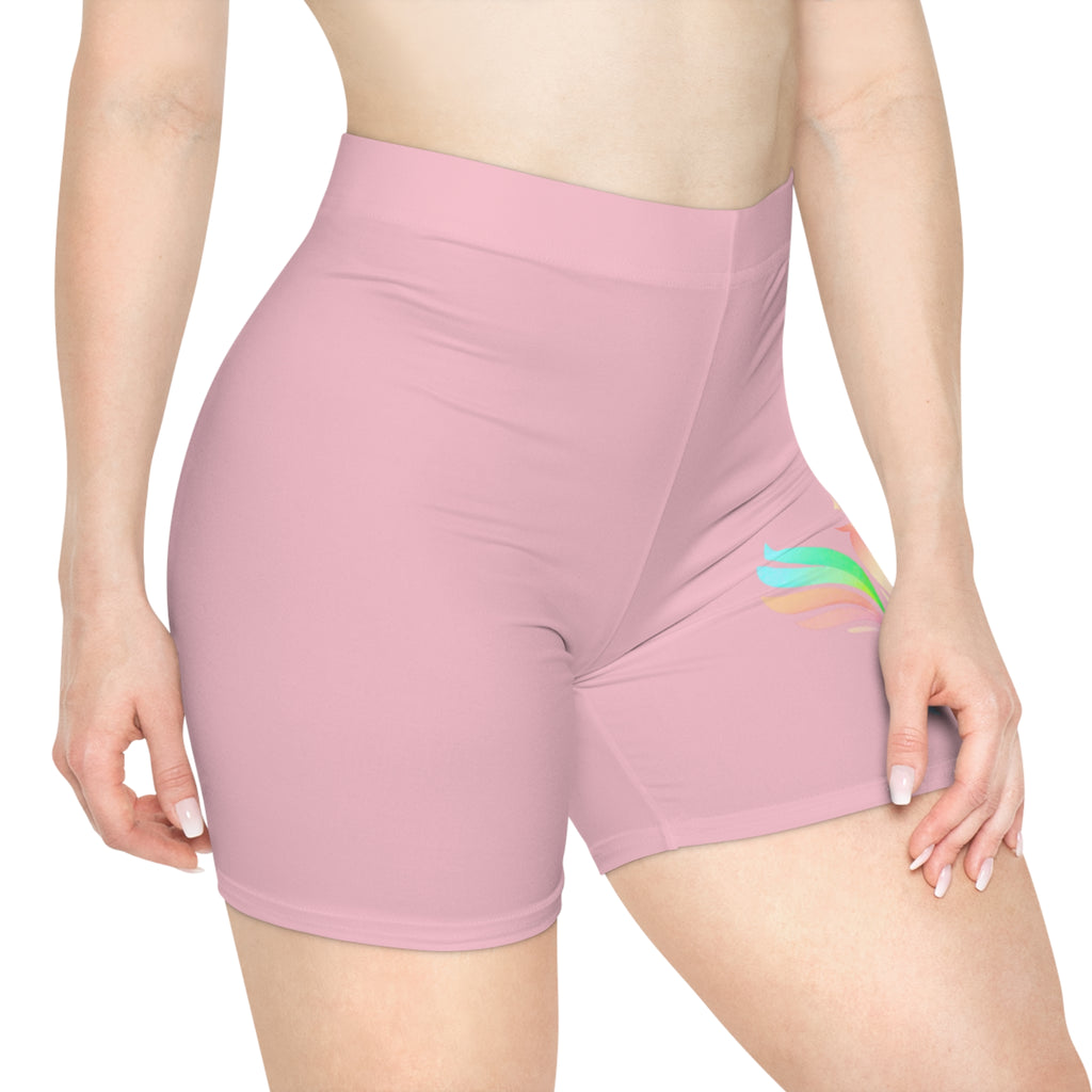 Pastel Phoenix Biker Shorts — Women's Pink Athletic Shorts with Watercolor Phoenix Design